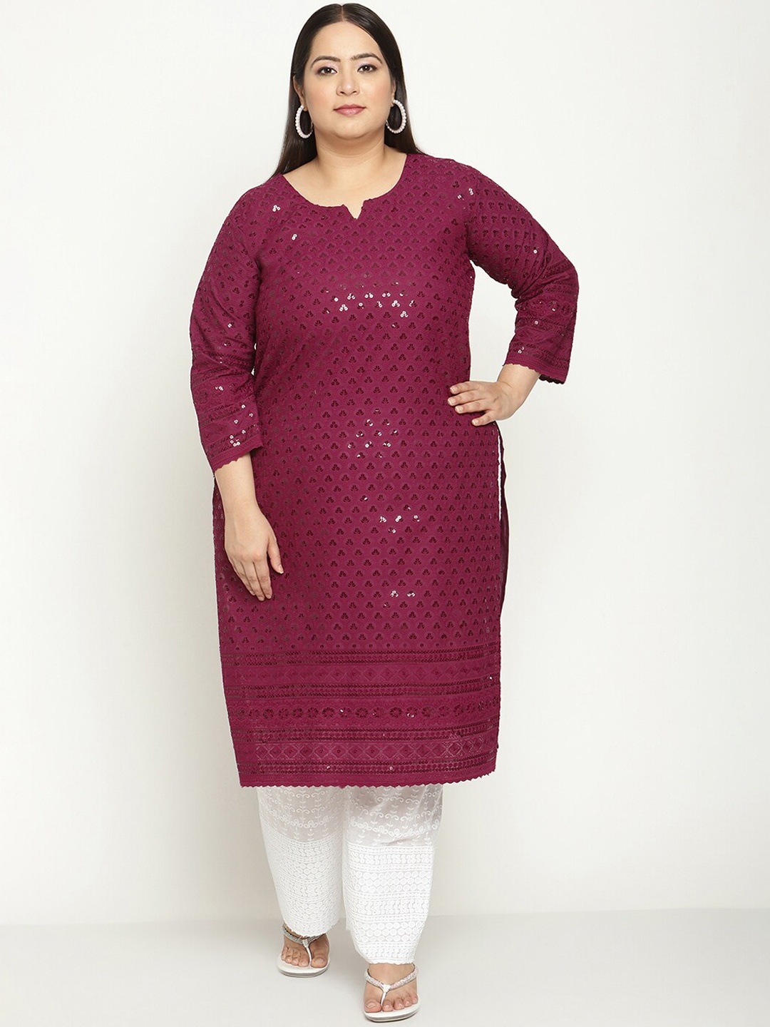 KALINI Women Plus Size Ethnic Motifs Chikankari Cotton Kurta, Purple