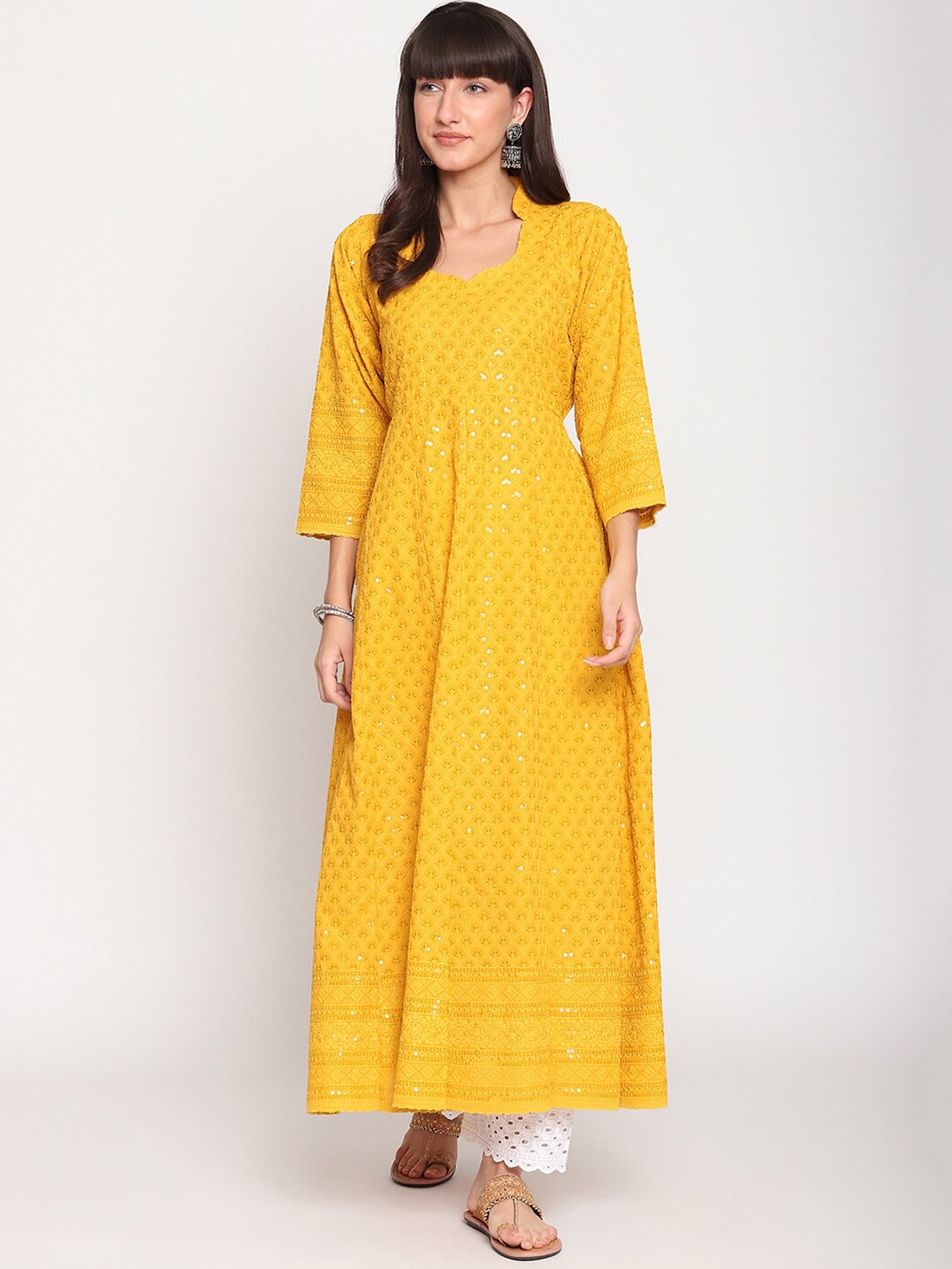 

KALINI Ethnic Motifs Embroidered Chikankari Cotton Anarkali Kurta, Yellow