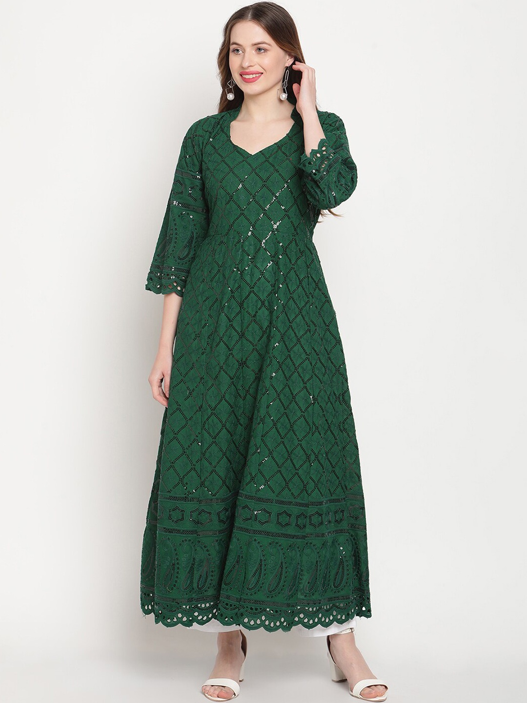 

KALINI Ethnic Motifs Embroidered Chikankari Cotton Anarkali Kurta, Green