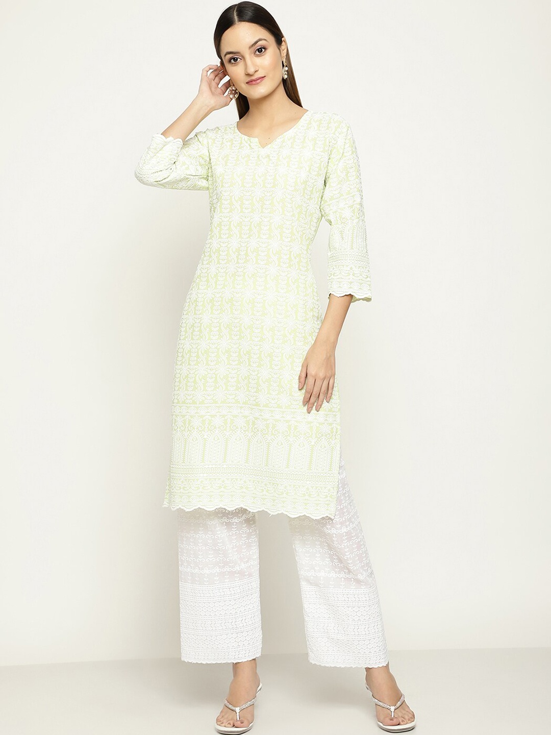 

KALINI Women Embroidered Notch Neck Chikankari Pure Cotton Kurta, Green