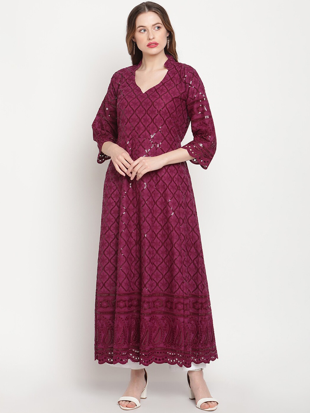 

KALINI Women Embroidered Band Collar Sequinned Anarkali Pure Cotton Kurta, Purple