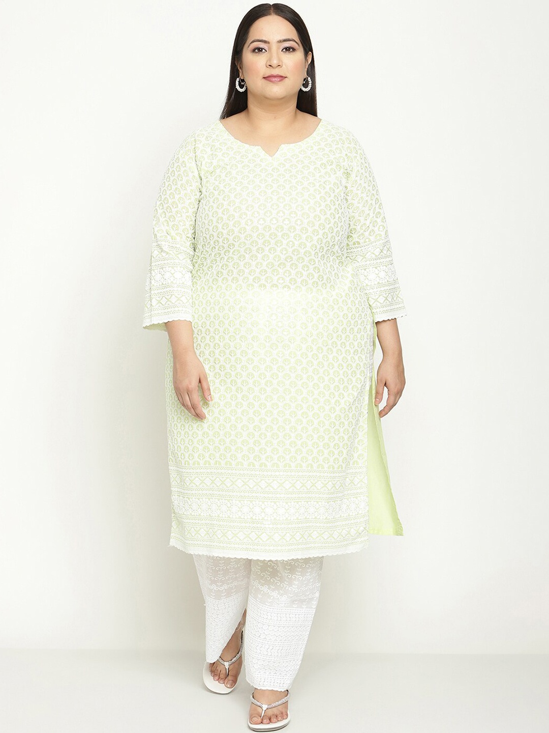 

KALINI Women Plus Size Ethnic Motifs Embroidered Cotton Chikankari Kurta, Green