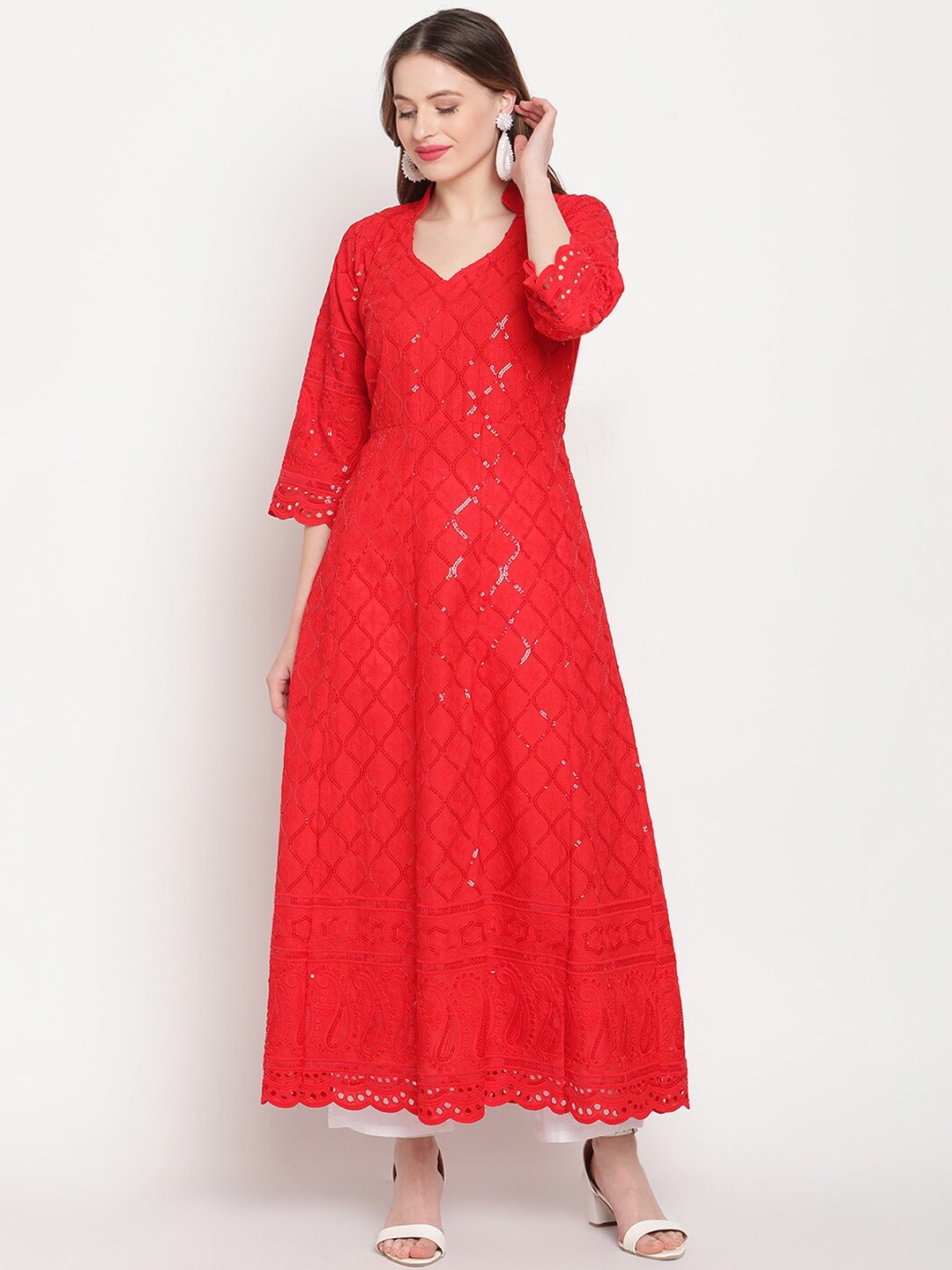 

KALINI Women Ethnic Motifs Embellished Sequined Cotton Anarkali Kurta, Red