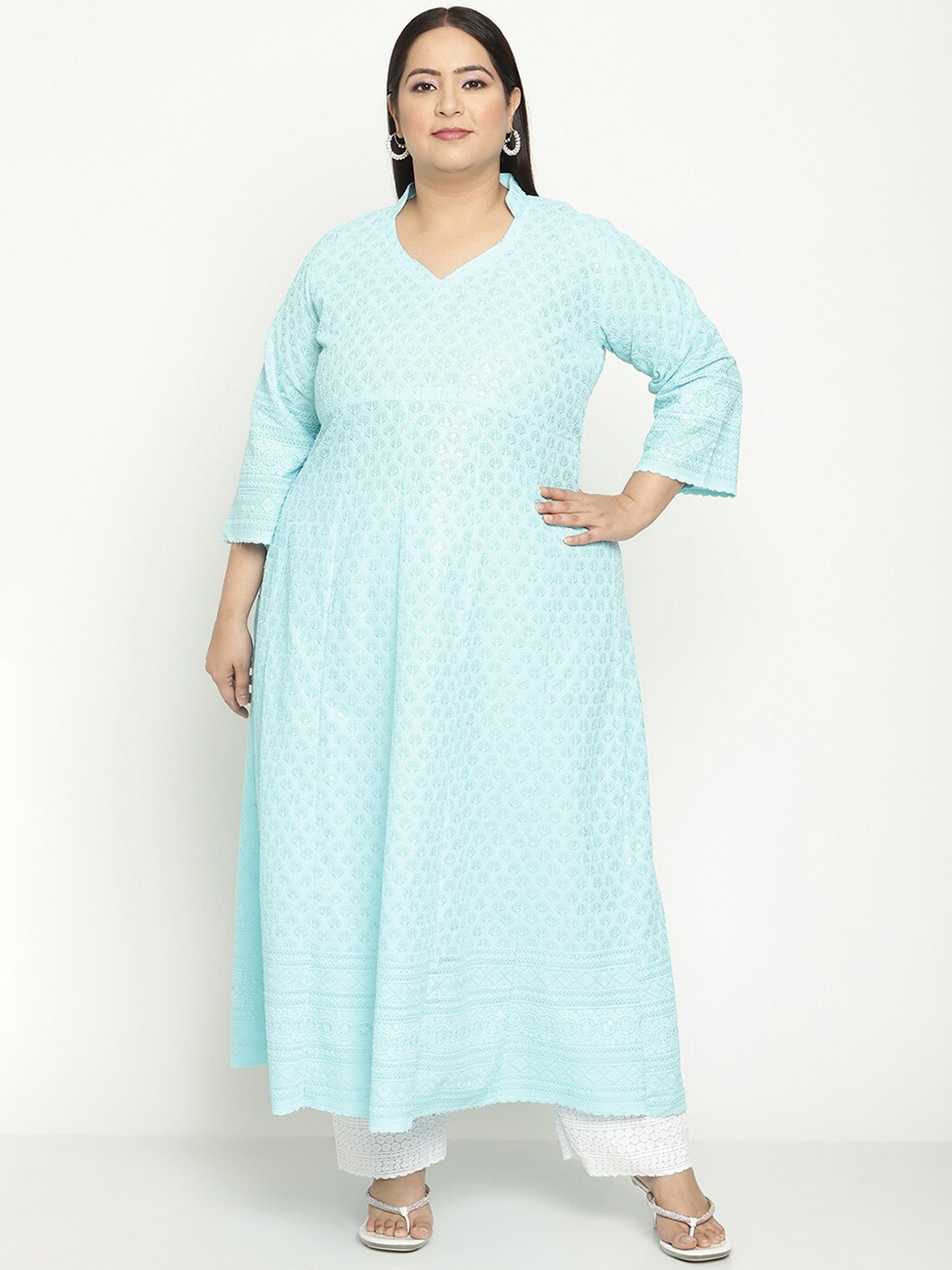 

KALINI Women Plus Size Ethnic Embroidered Sequined Cotton Chikankari Anarkali Kurta, Turquoise blue