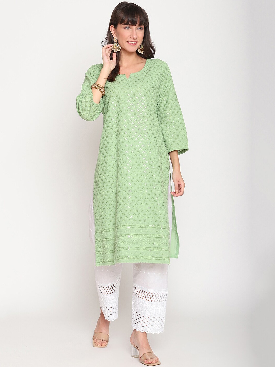 

KALINI Women Embellished Sequined Cotton Kurta, Green