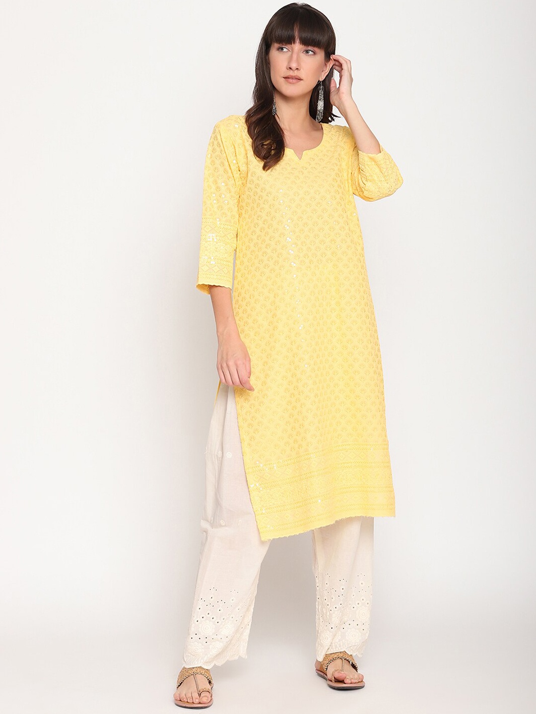 

KALINI Women Embellished Notched Neck Sequined Cotton Kurta, Yellow