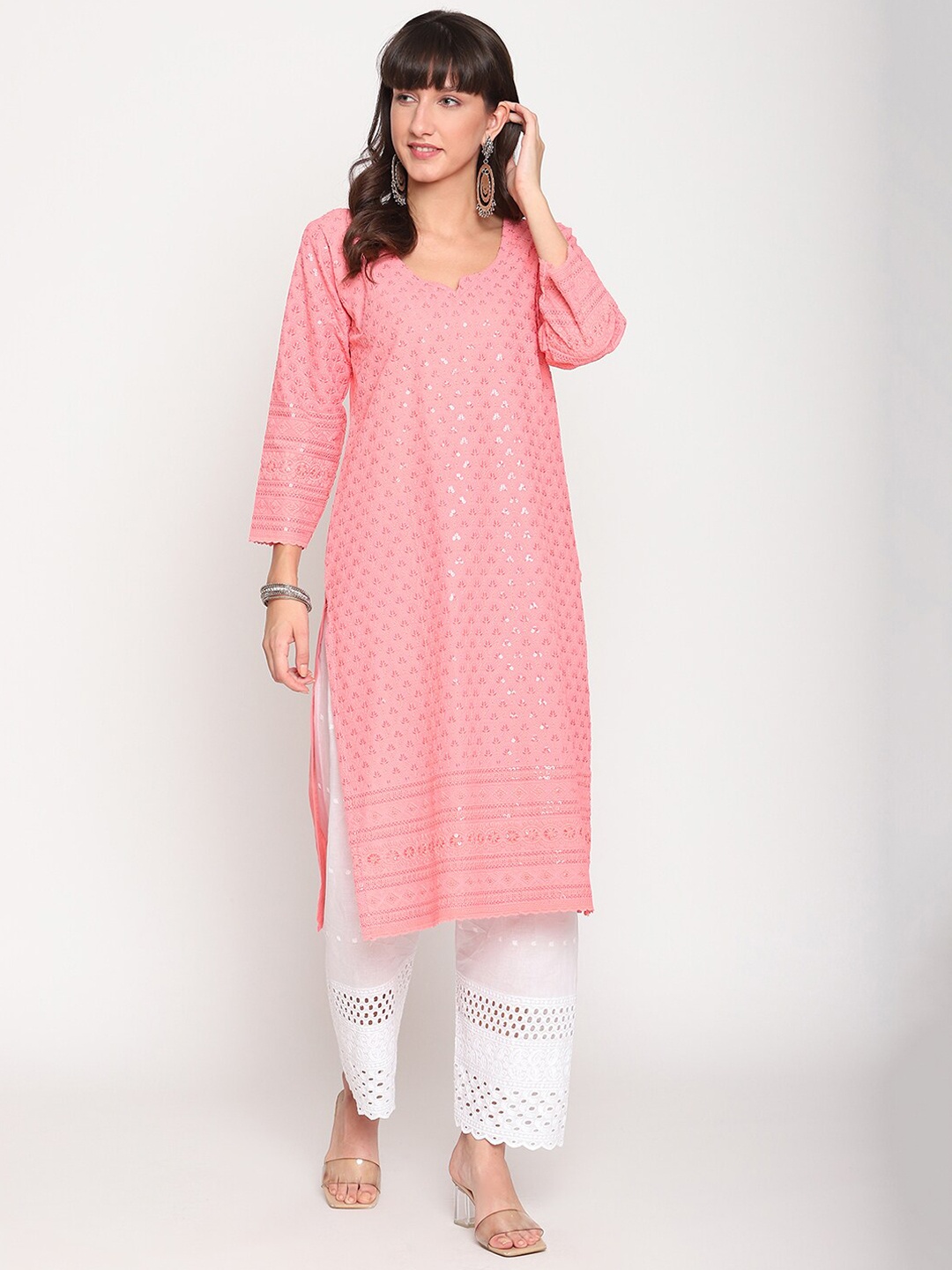 

KALINI Women Embellished Sequined Cotton Kurta, Peach