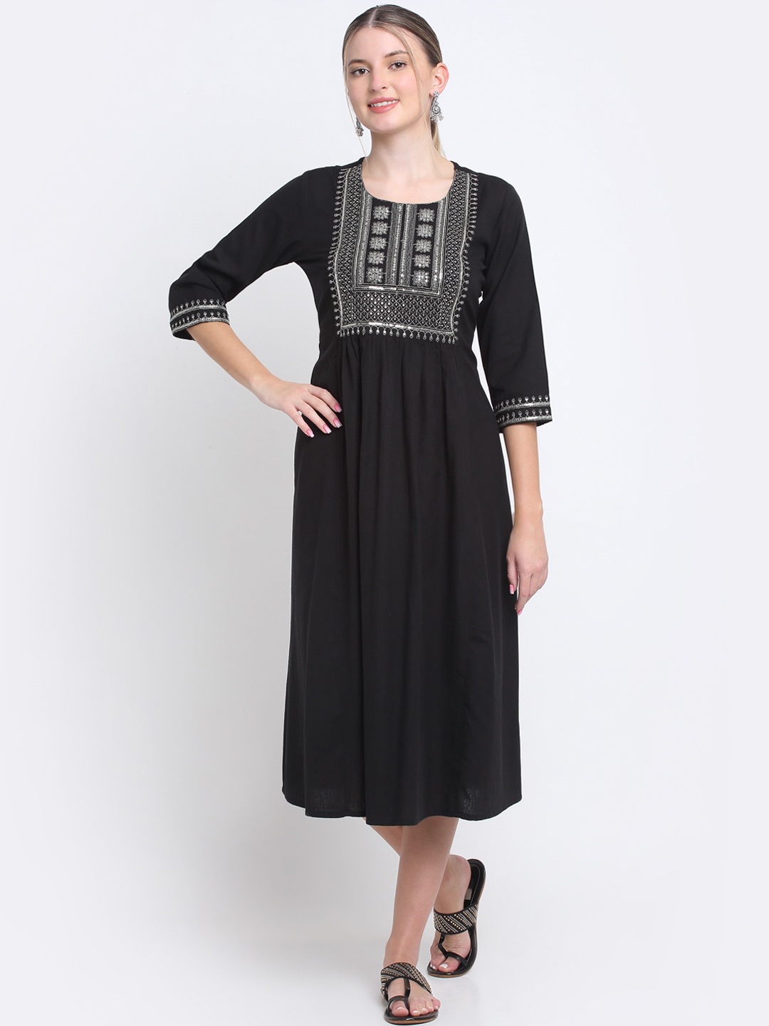 

KALINI Ethnic embroidered Cotton Midi Fit & Flare Ethnic Dress, Black