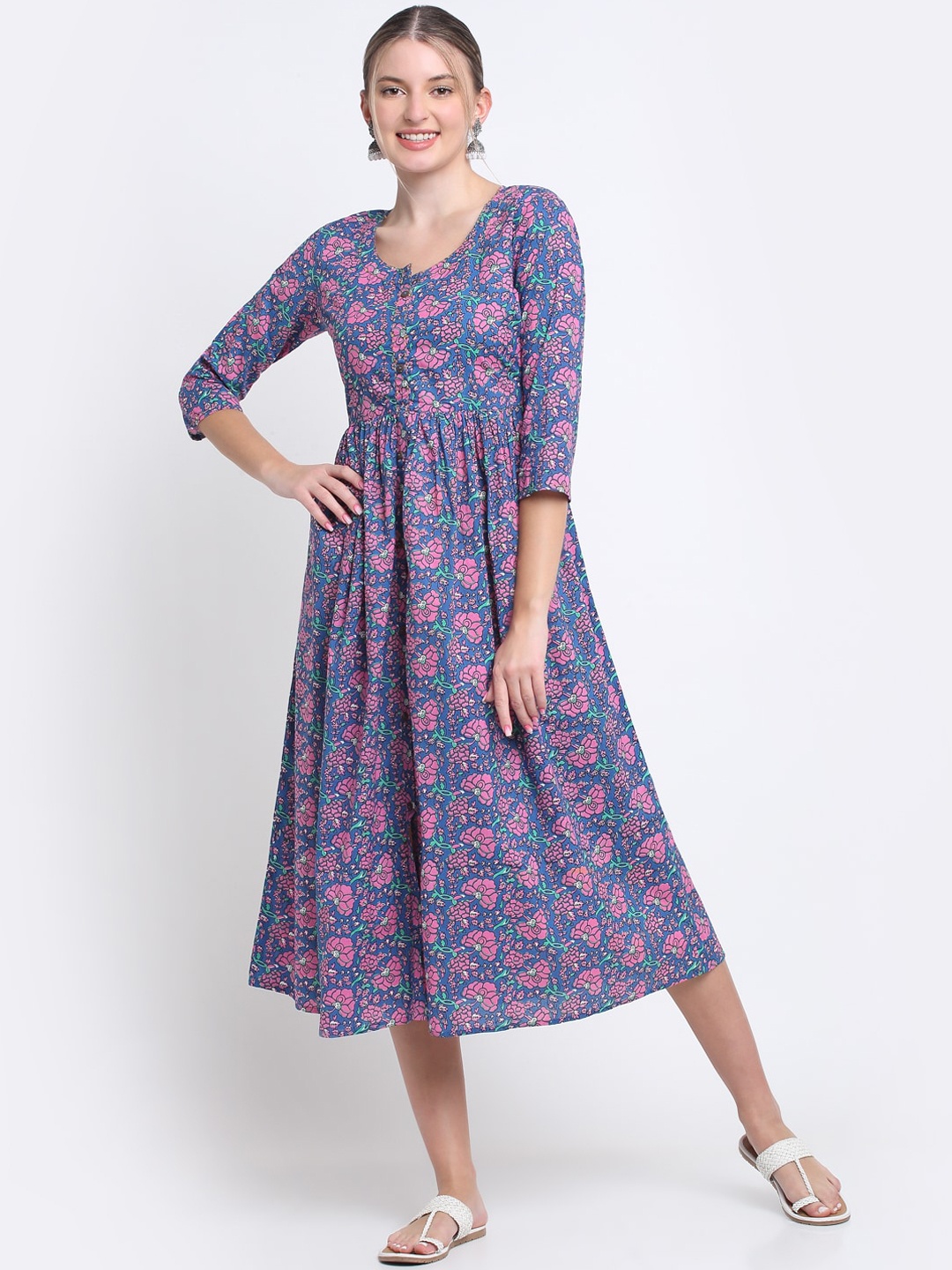 

KALINI Women Floral Printed A-Line Cotton Dress, Blue