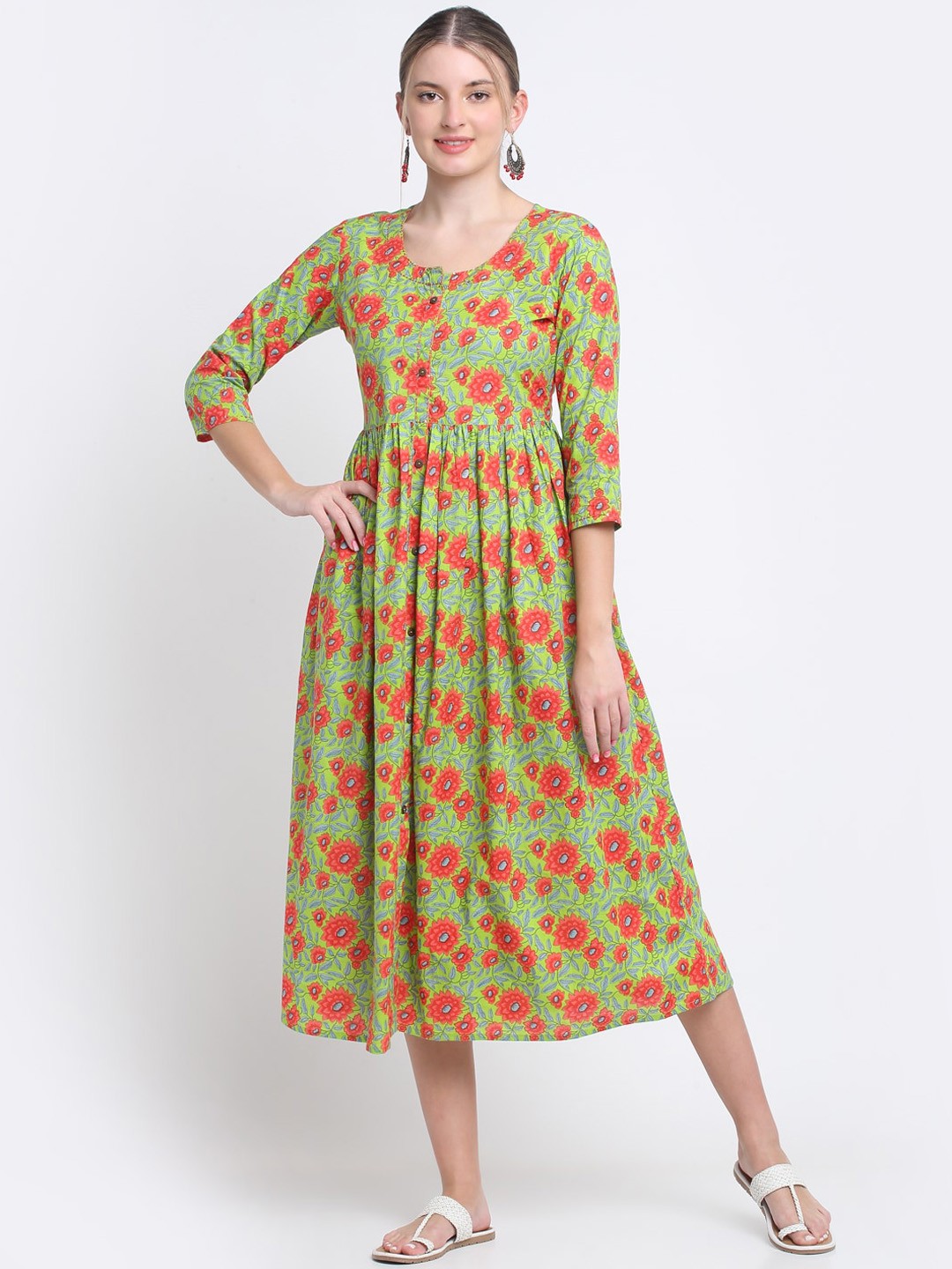 

KALINI Floral Printed Cotton Midi Fit & Flare Dress, Green