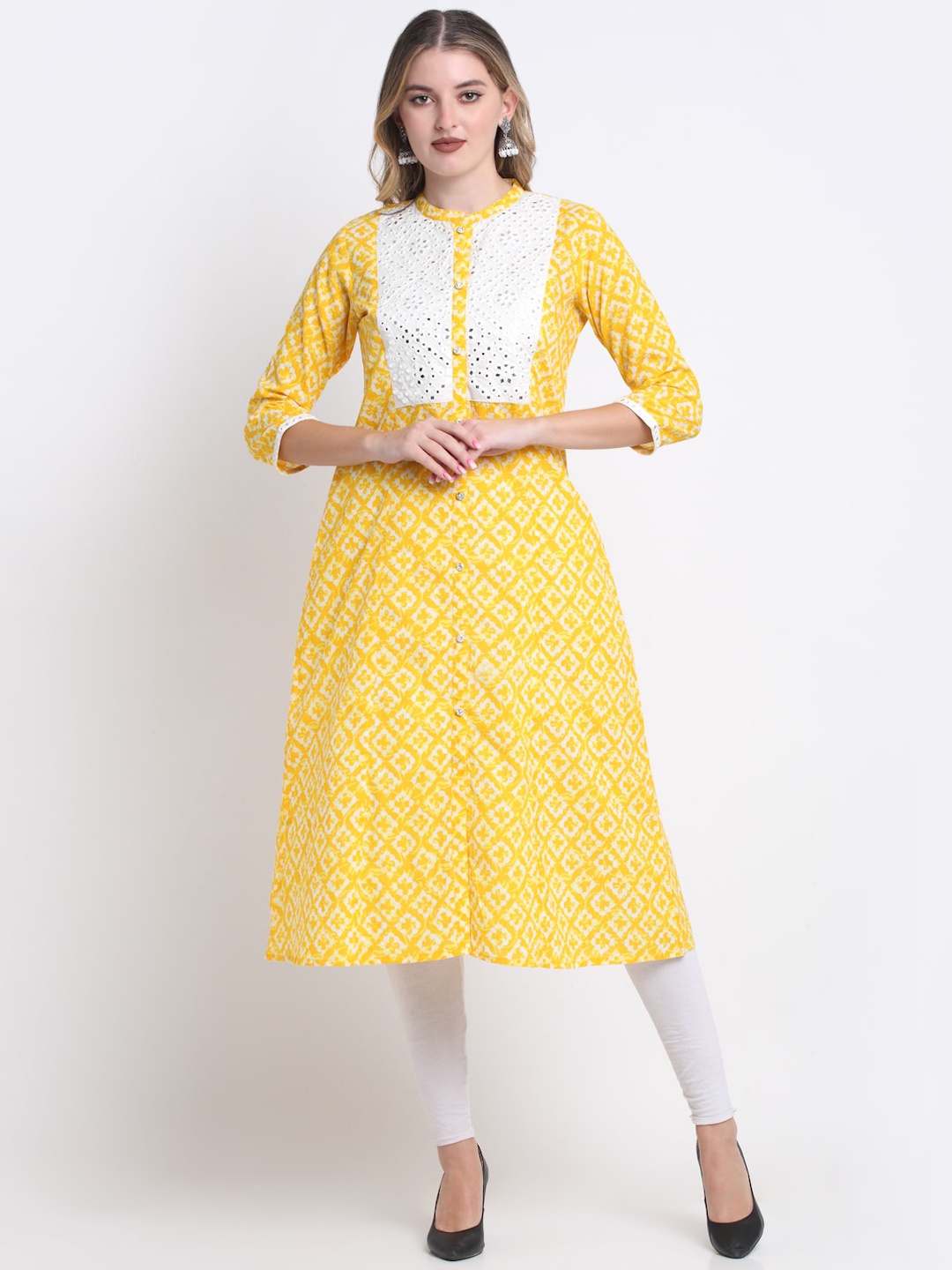 

KALINI Women Geometric Printed Mirror Work Cotton Kurta, Yellow
