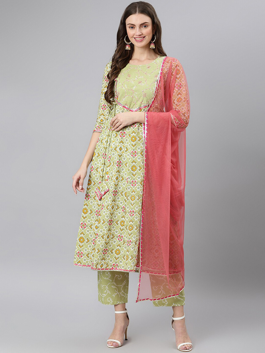 

KALINI Women Abstract Printed Pure Cotton Kurta with Palazzos & Dupatta, Green