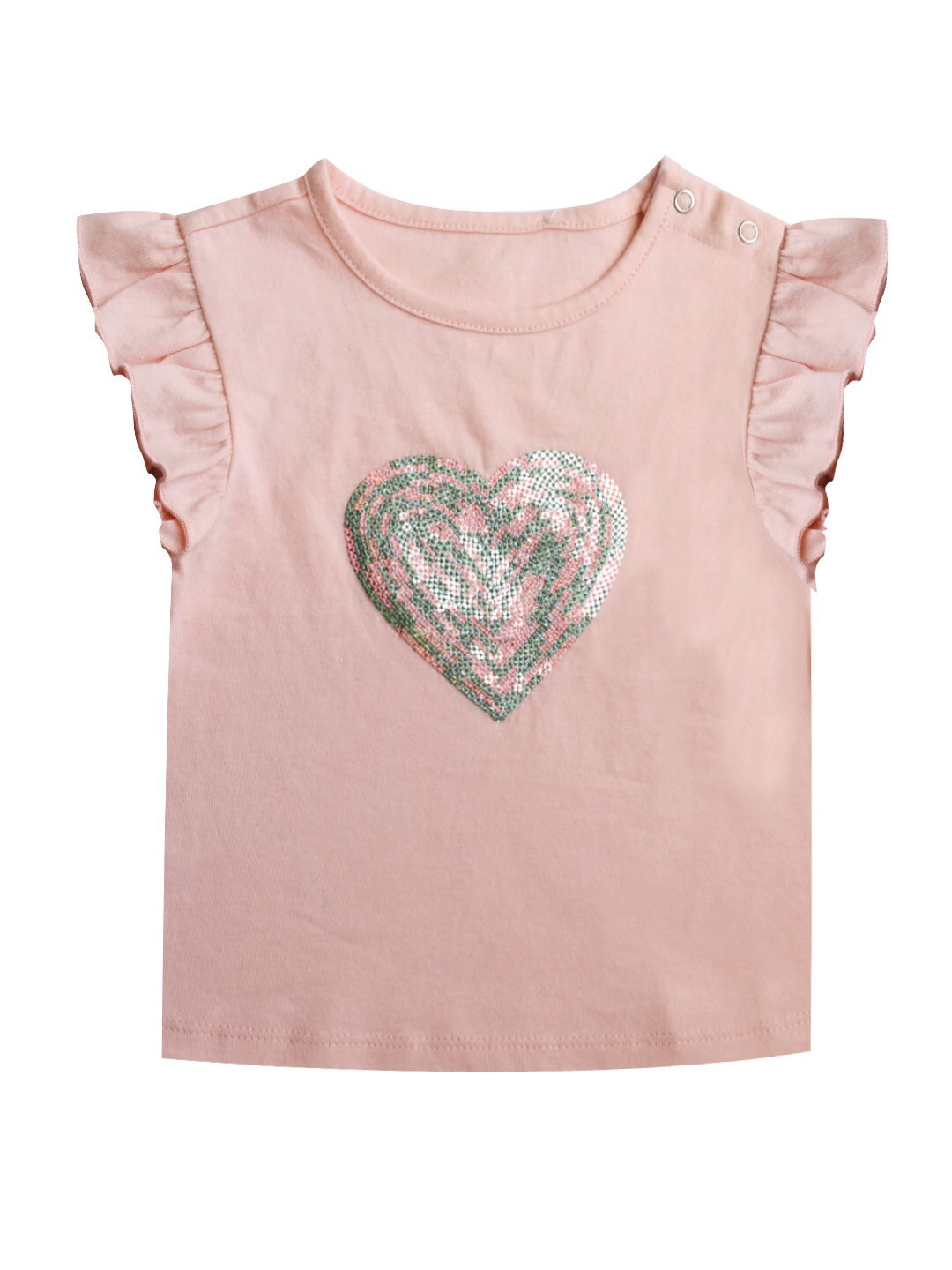 

milou Girls Flutter Sleeves Sequined Embellished Cotton Top, Peach