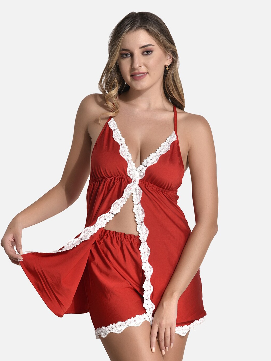 

StyFun Floral Lace Babydoll Lingerie Top & Bottom Set, Red