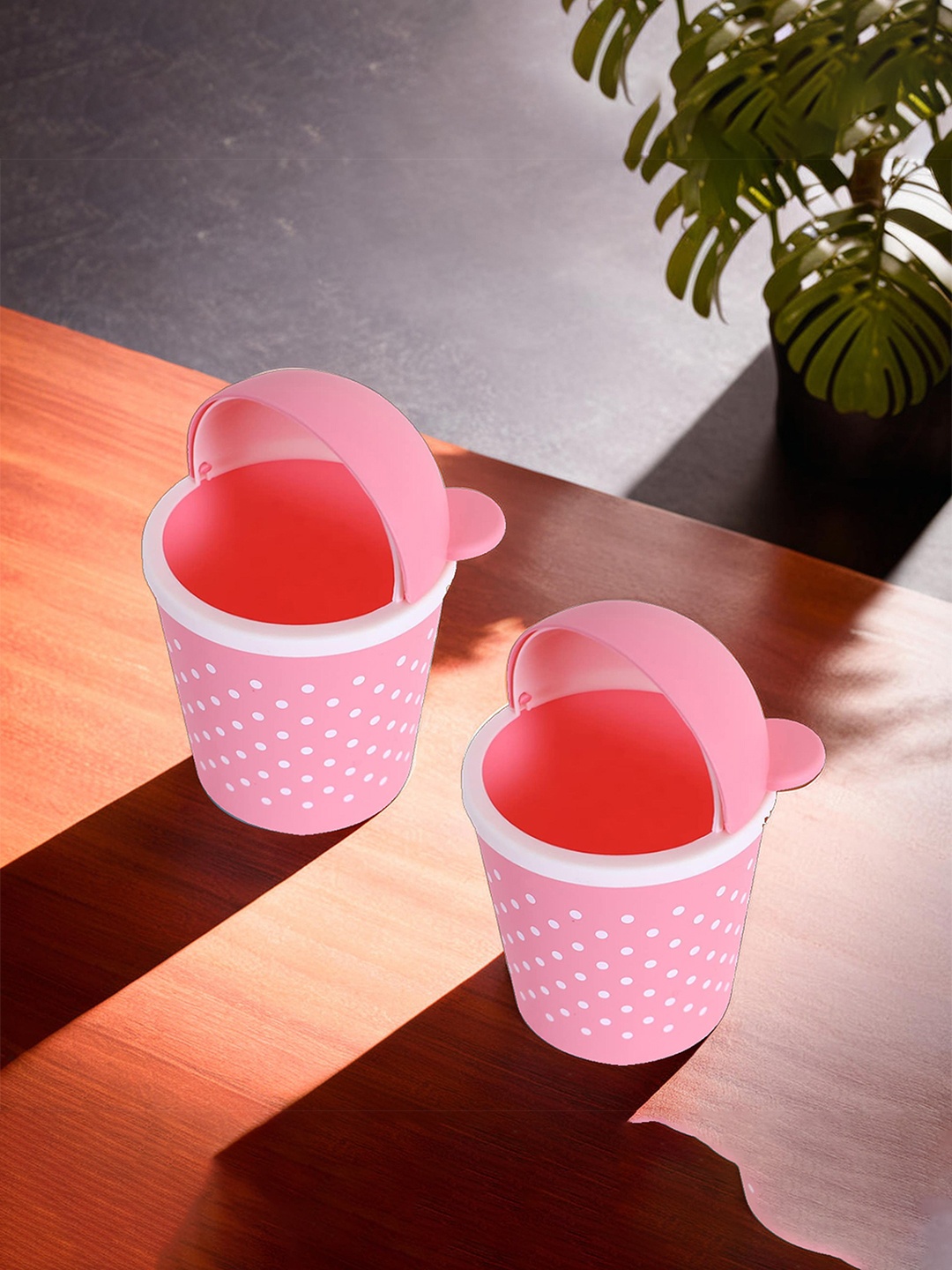 

Kuber Industries Pink & White 2 Pcs Printed Swinging Lid Teddy Table Dustbin 3 L Each