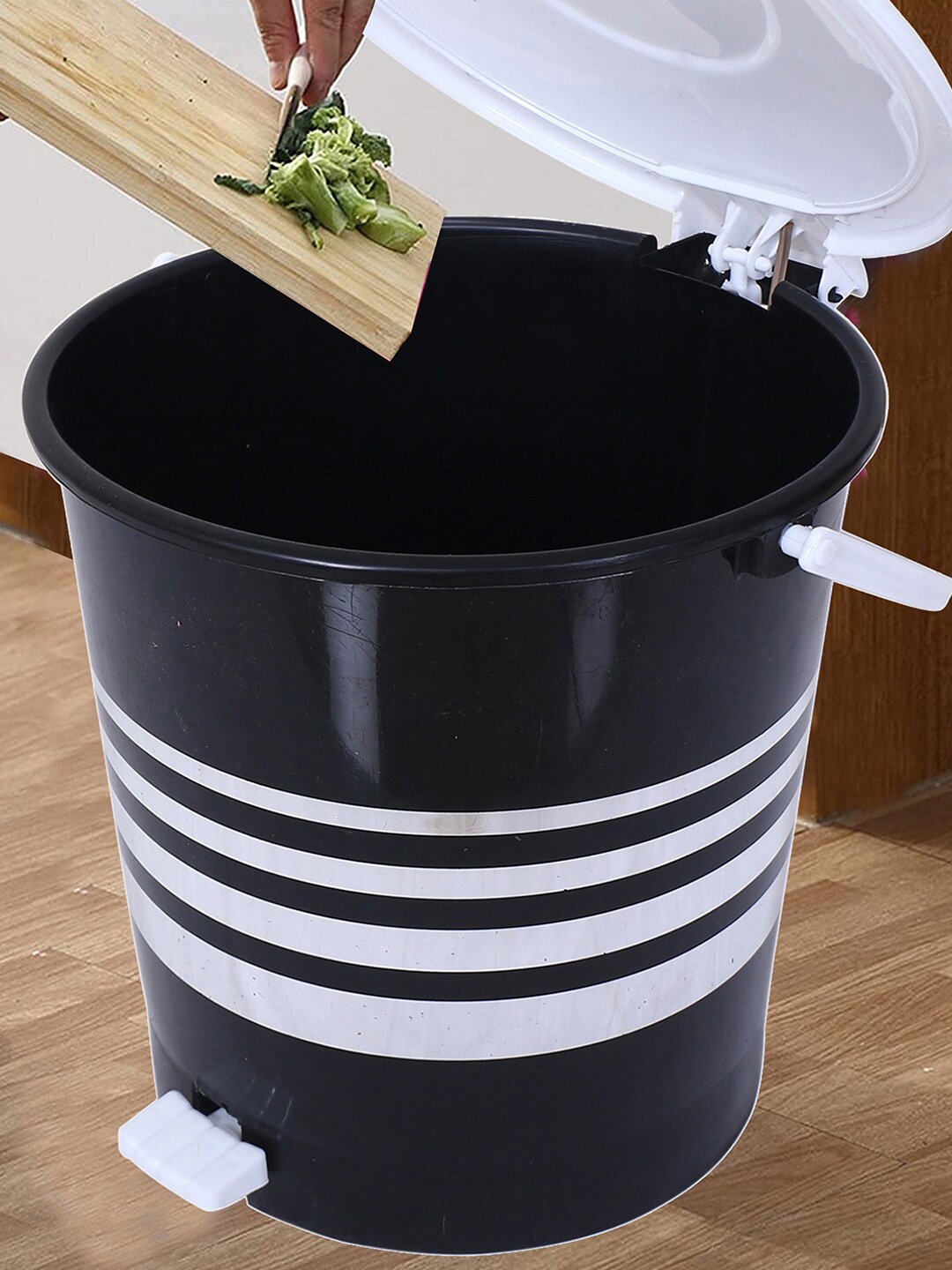 

Kuber Industries Black & White 2 Pcs Striped Pedal Dustbin 10 L Each