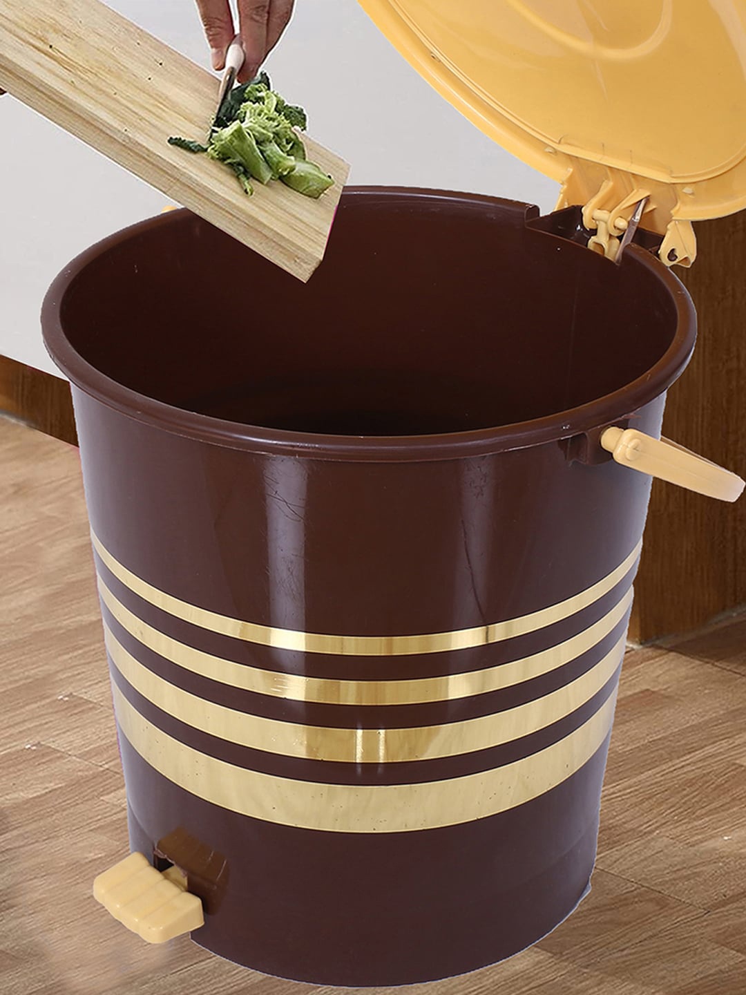 

Kuber Industries Brown & Yellow 2 Pcs Striped Pedal Dustbin 10 L Each