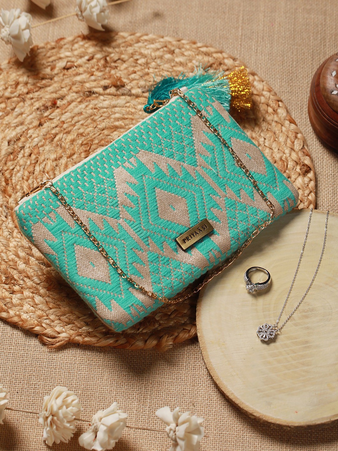 

Priyaasi Women Bag With Ring & Necklace Gift Box, Sea green