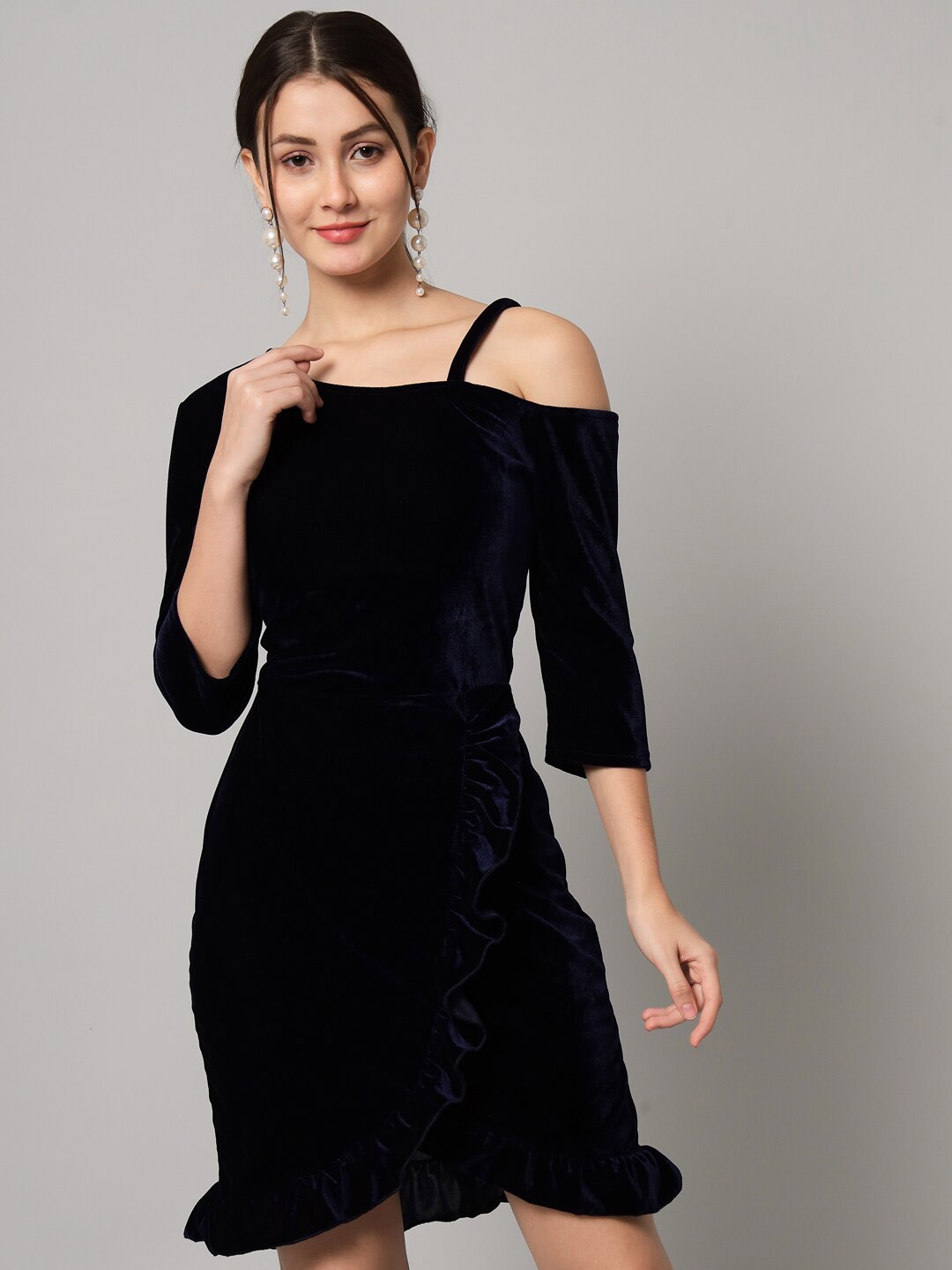 

VAARARO Ruffled Tulip Velvet Sheath Dress, Navy blue