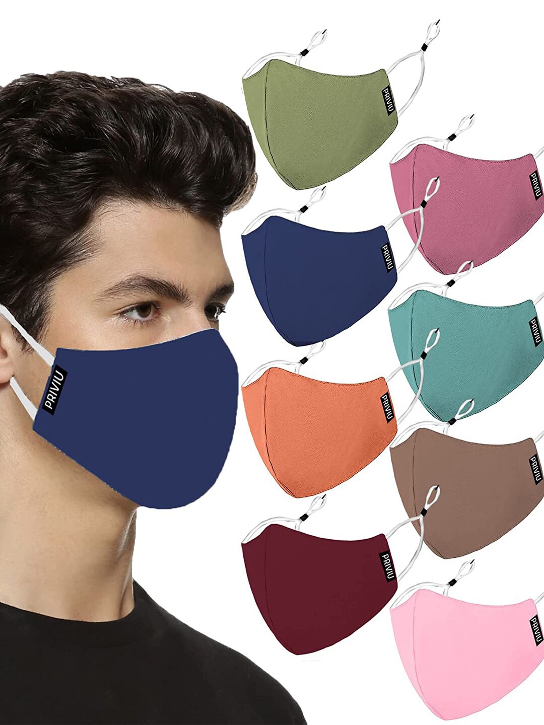 

PRIVIU Pack Of 8 Pure Cotton Reusable Face Masks, Blue
