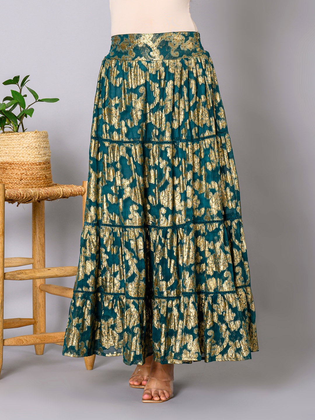 

WESTIFIED Self Design Flared Maxi Statement Skirt, Green