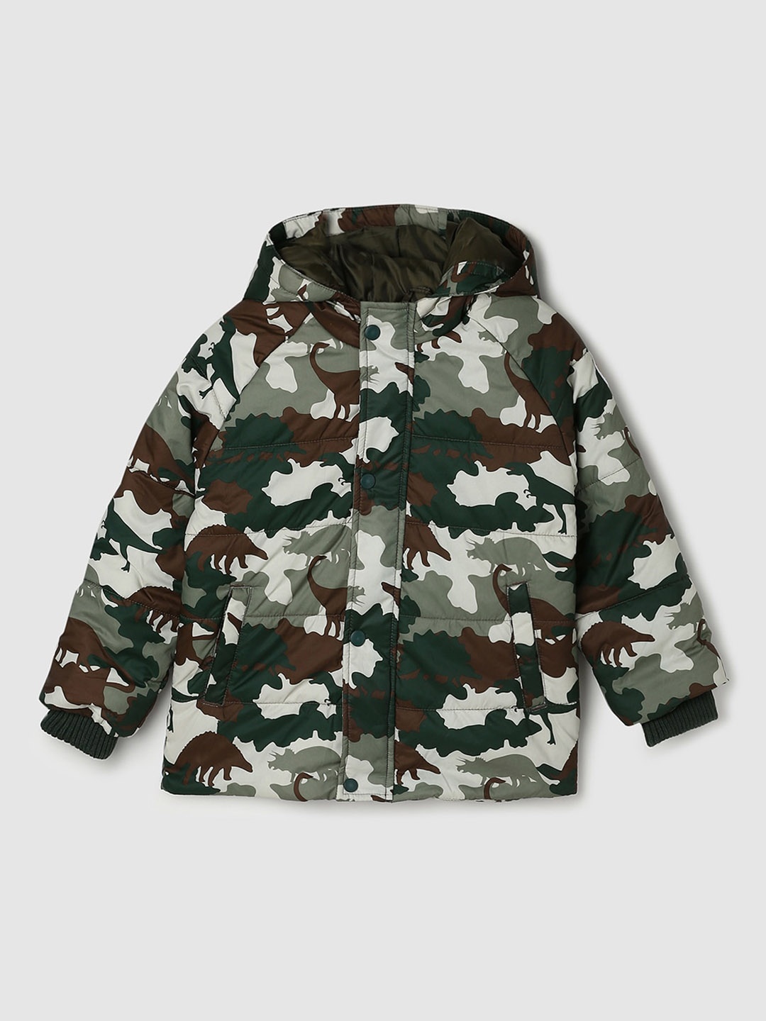 

max Boys Camouflage Printed Long Sleeves Hooded Puffer Jacket, Green