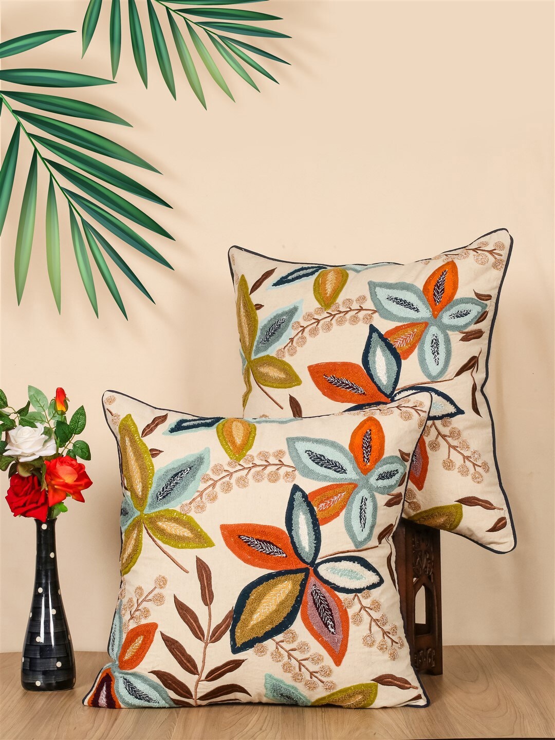 

SHADES of LIFE 2 Pieces Beige & Brown Embroidered Cotton Square Cushion Covers
