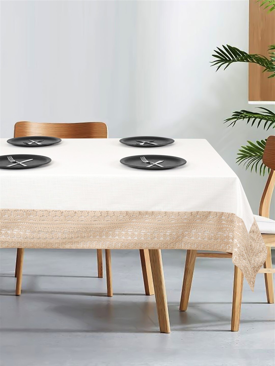 

SHADES of LIFE Beige-Coloured & White Embroidered Border Pure Cotton 6-Seater Table Cover