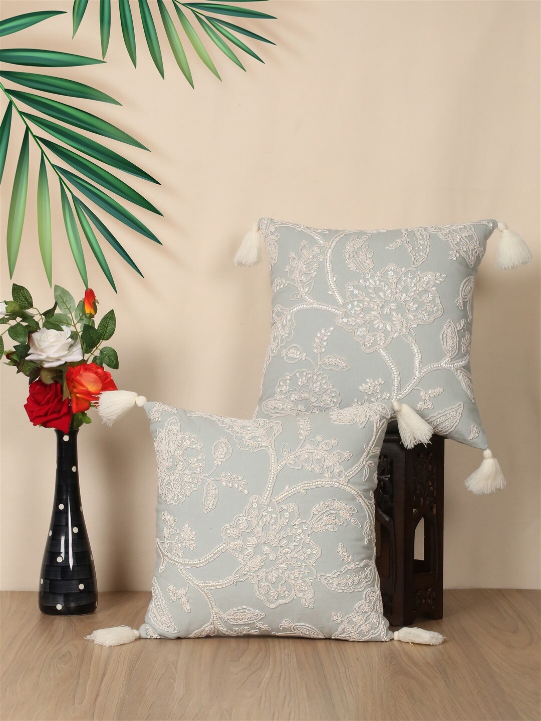 

SHADES of LIFE 2 Pieces Blue & White Embroidered Cotton Square Cushion Covers