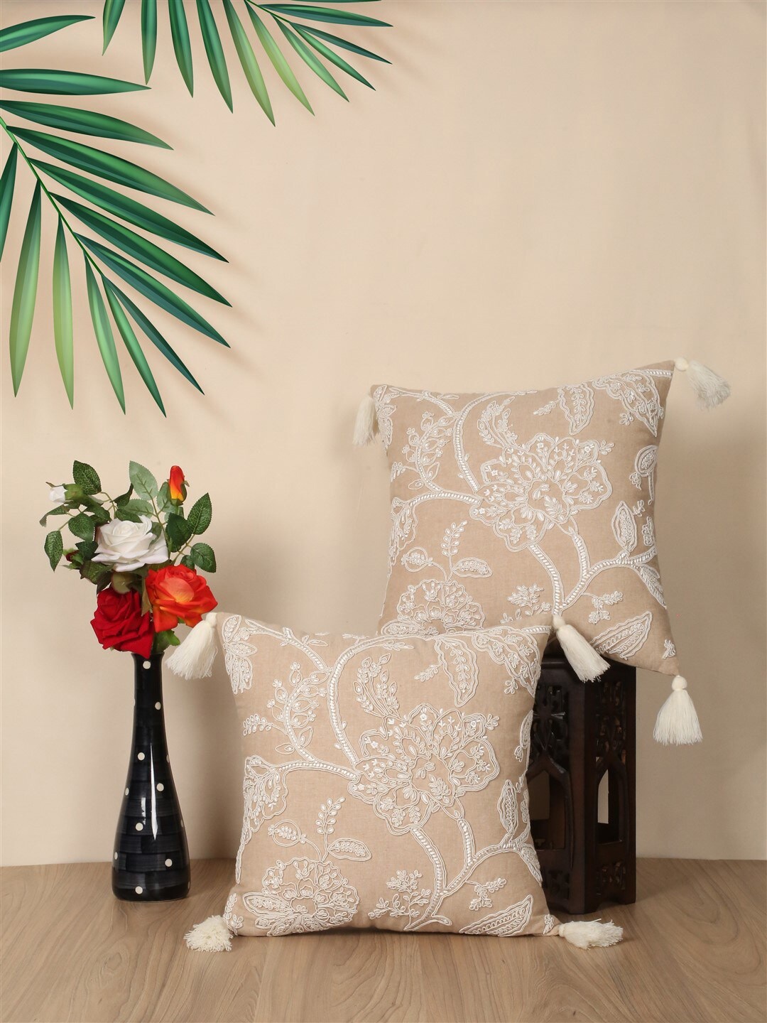 

SHADES of LIFE 2 Pieces Beige & White Embroidered Cotton Square Cushion Covers