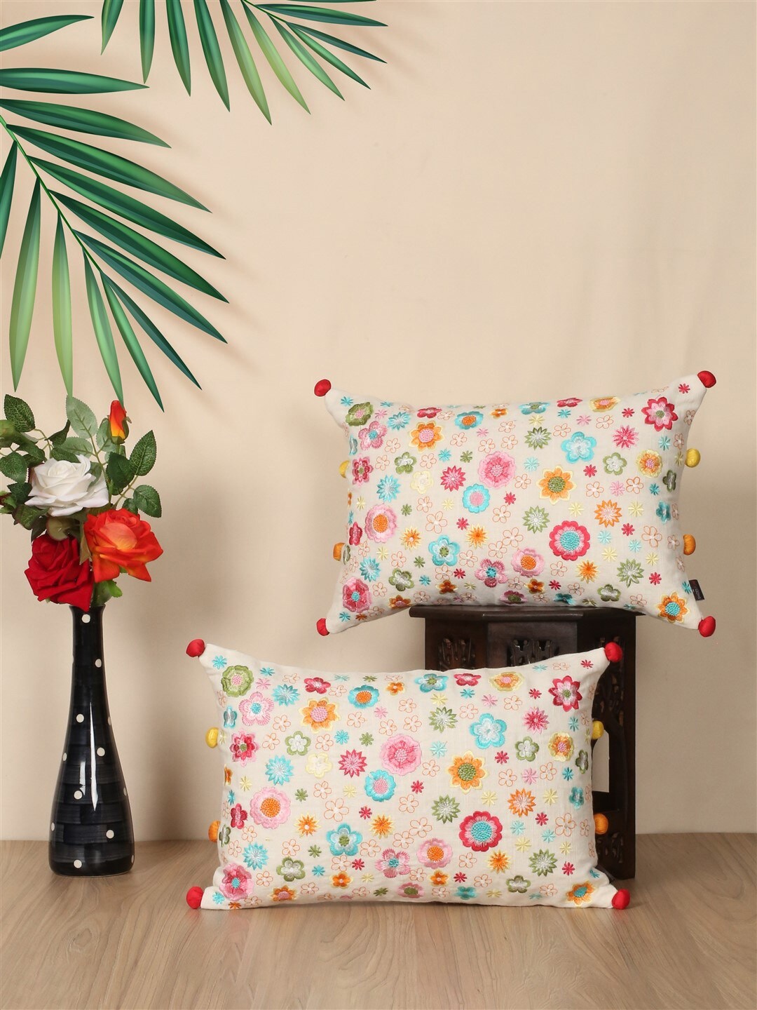 

SHADES of LIFE 2 Pieces Cream-Coloured & Blue Embroidered Cotton Rectangle Cushion Covers