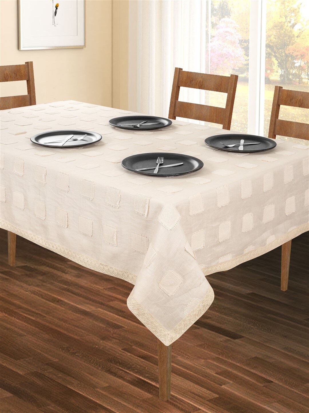 

SHADES of LIFE Beige-Coloured Square Patch Work Pure Cotton 6-Seater Table Cover