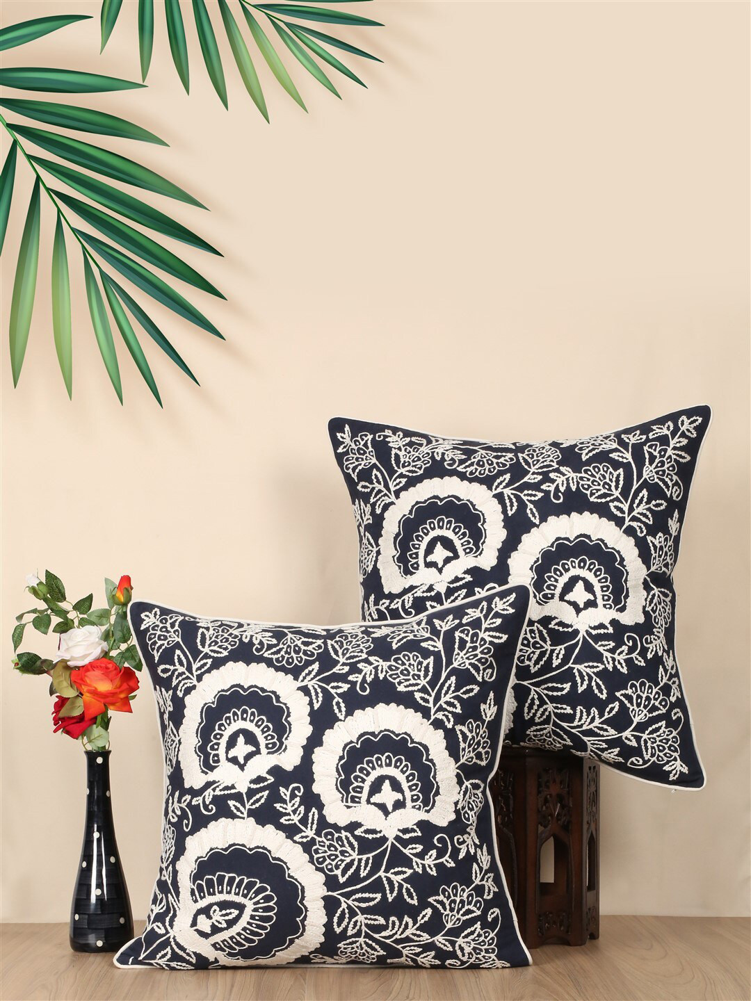 

SHADES of LIFE 2 Pieces Blue & White Embroidered Cotton Square Cushion Covers, Navy blue