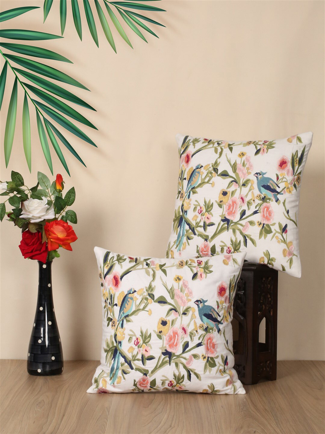 

SHADES of LIFE 2 Pieces White & Green Embroidered Cotton Square Cushion Covers