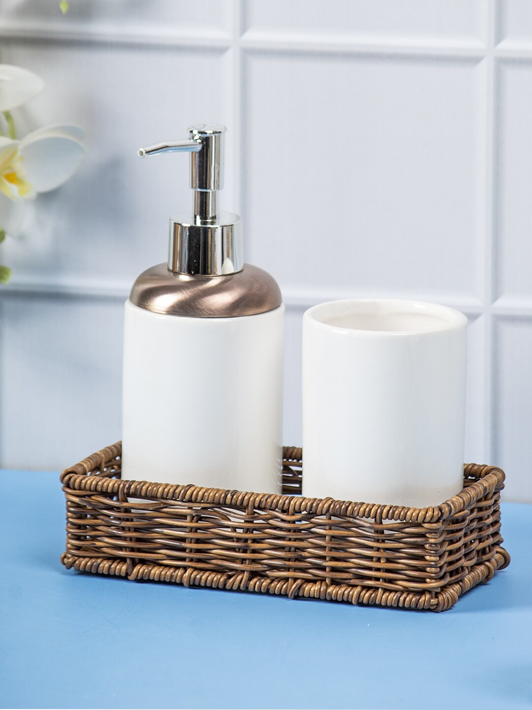

MARKET99 3 Pcs White Ceramic Soap Dispenser With Toothbrush Holder & Tray 350 ml