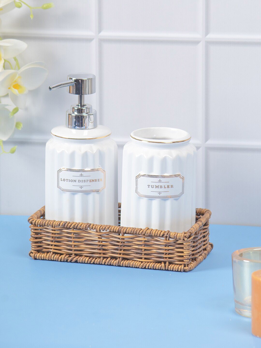 

MARKET99 3 Pcs White Textured Ceramic Soap Dispenser With Toothbrush Holder & Tray 380 ml