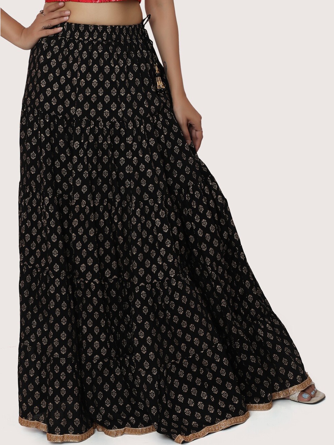 

ZRI Printed Pure Cotton Maxi Flared Skirt, Black