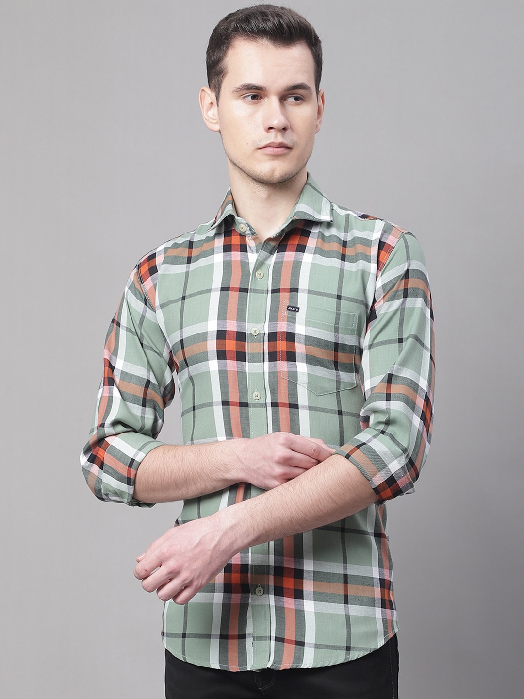 

JOLLY'S Men Straight Tartan Checks Checked Cotton Casual Shirt, Olive