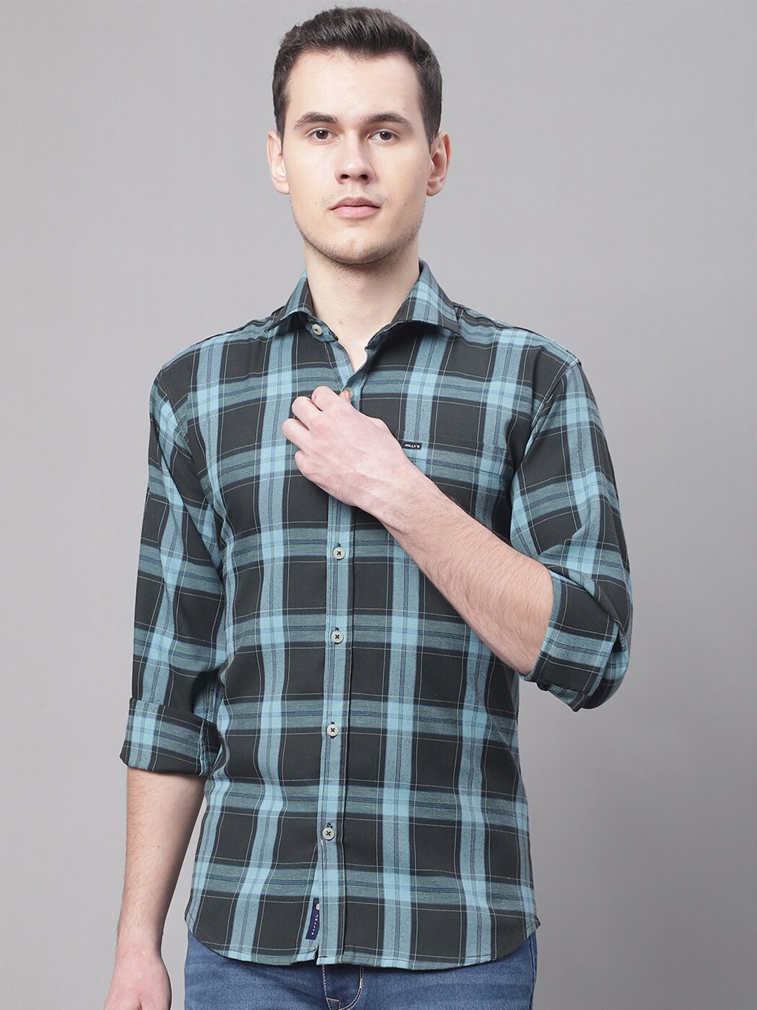

JOLLY'S Men Tartan Checks Cotton Casual Shirt, Olive