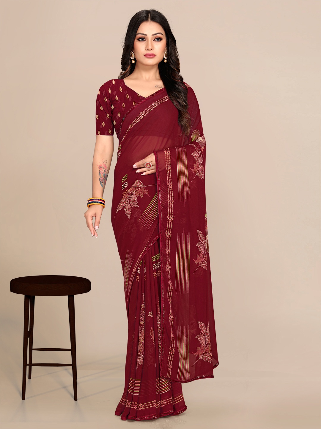 

Mitera Floral Pure Georgette Banarasi Saree, Maroon