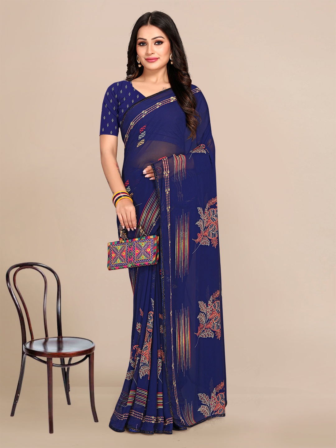 

Mitera Floral Pure Georgette Banarasi Saree, Navy blue