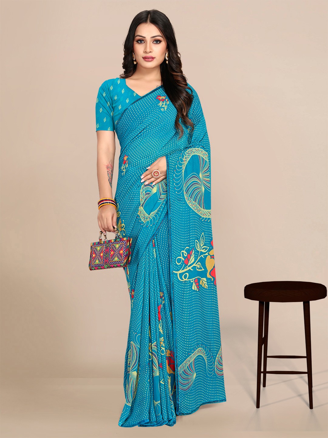 

Mitera Floral Printed Pure Georgette Banarasi Saree, Teal