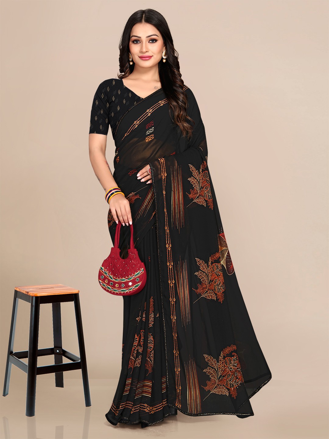 

Mitera Floral Printed Pure Georgette Banarasi Saree, Black
