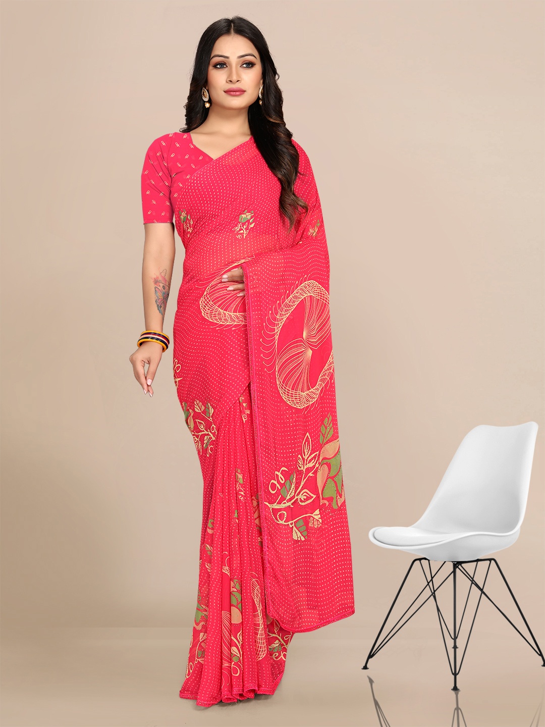 

Mitera Floral Printed Pure Georgette Banarasi Saree, Pink