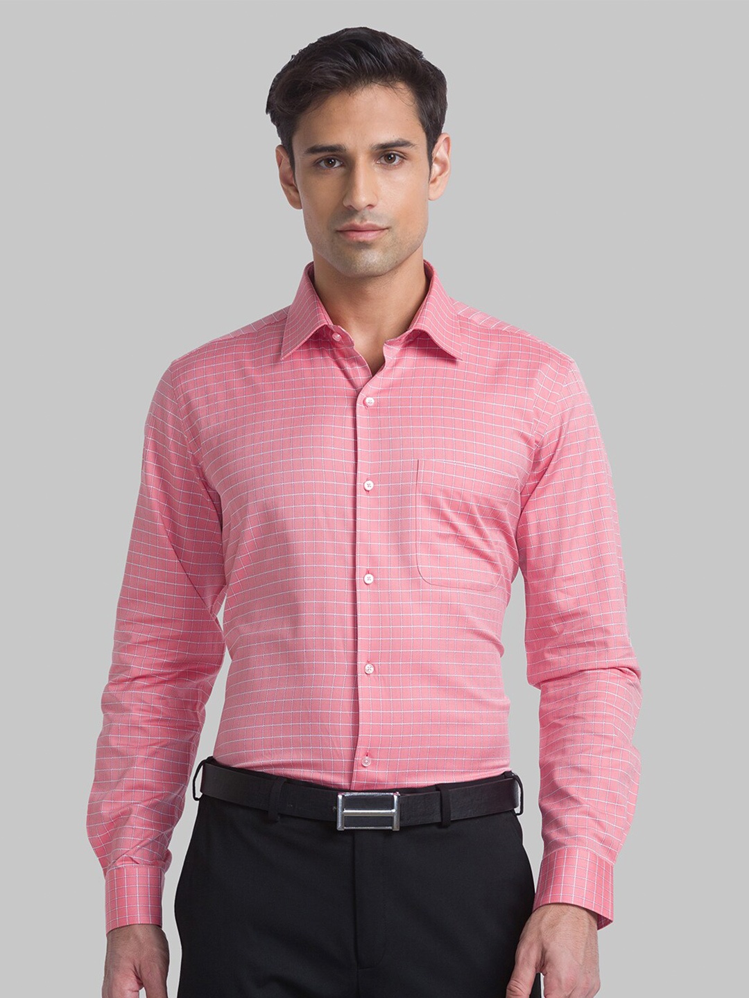 

Raymond Men Grid Tattersall Checked Formal Cotton Shirts, Pink