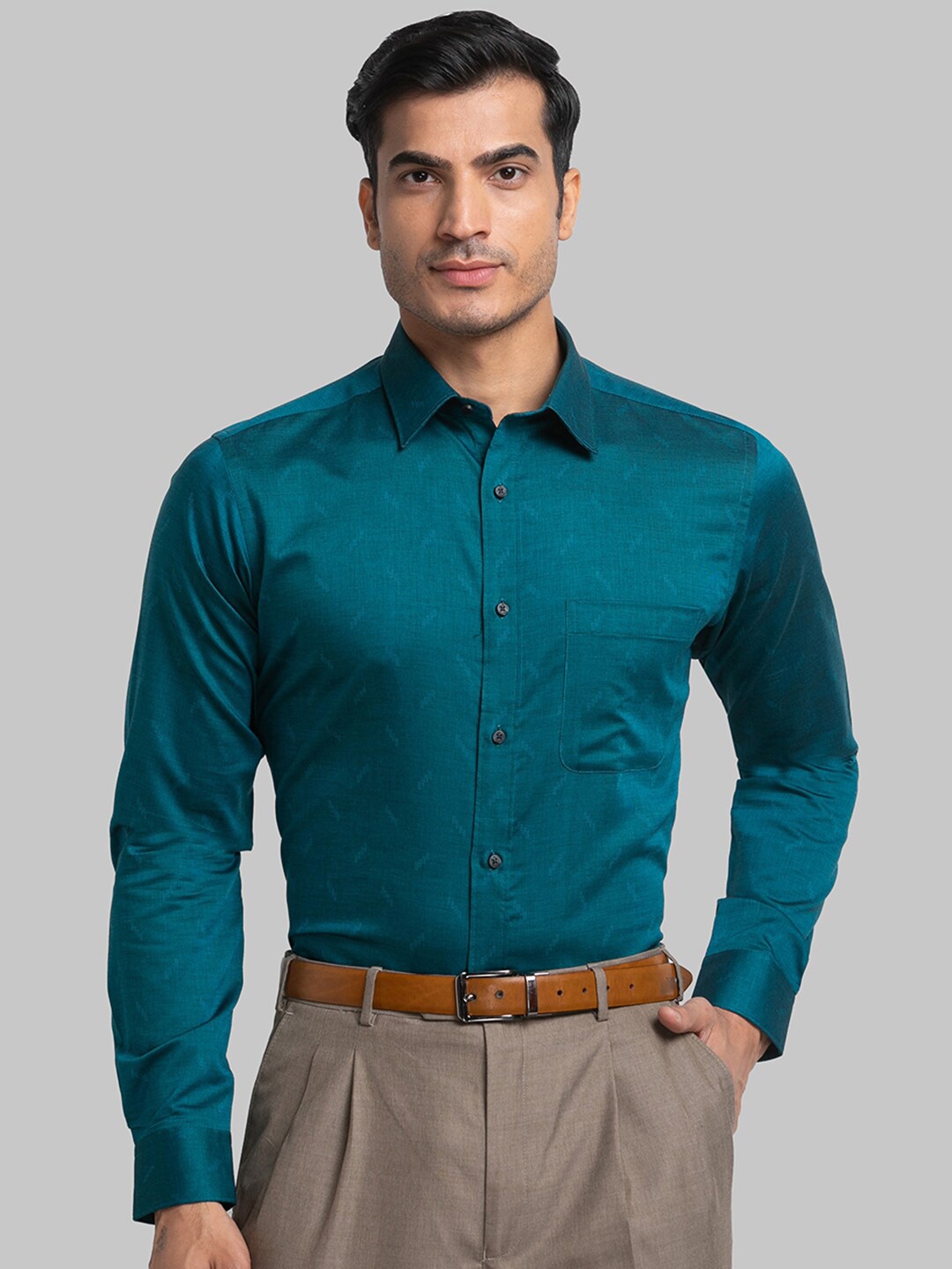 

Raymond Men Slim Fit Micro Ditsy Printed Formal Cotton Shirts, Teal