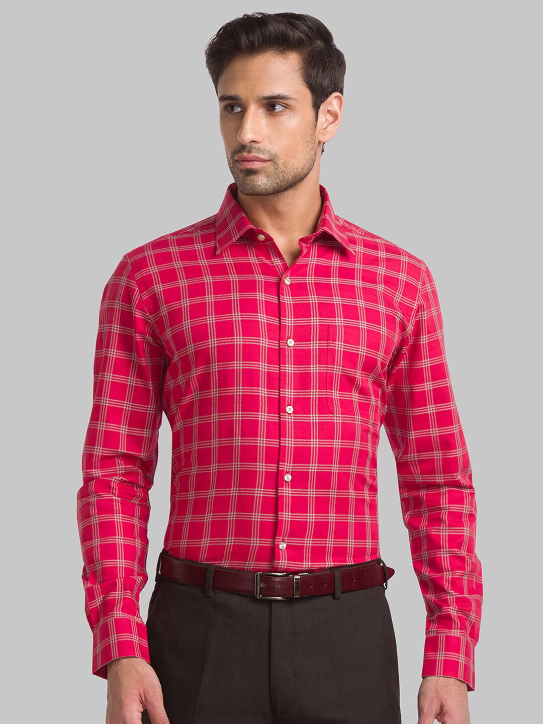 

Raymond Men Checked Slim Fit Formal Cotton Shirts, Red