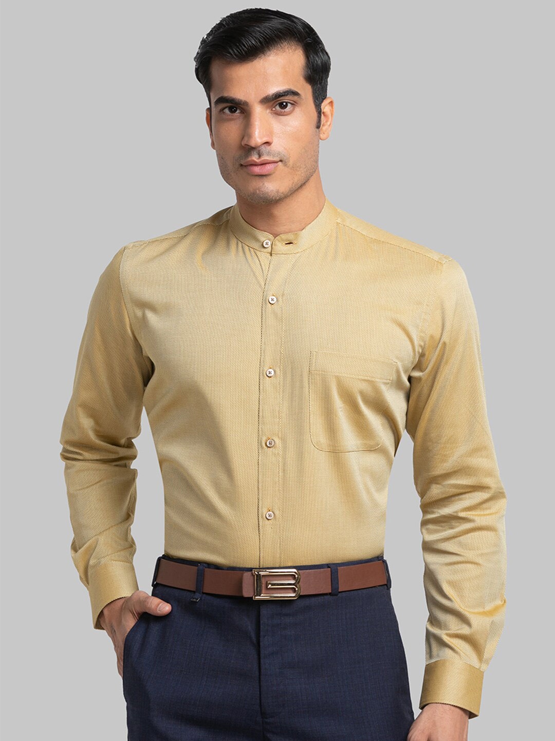 

Raymond Men Mandarin collar Formal Cotton Shirt, Yellow