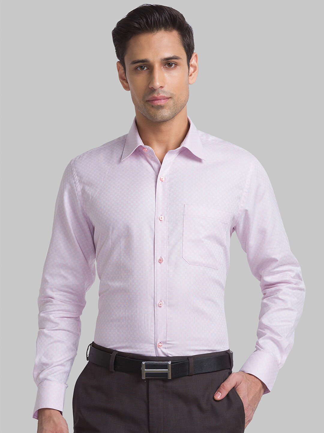 

Raymond Men Micro Checks Printed Formal Cotton Shirts, Pink