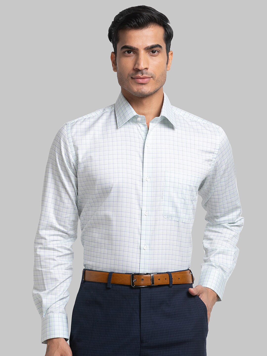 

Raymond Men Spread Collar Checked Cotton Shirts, Green